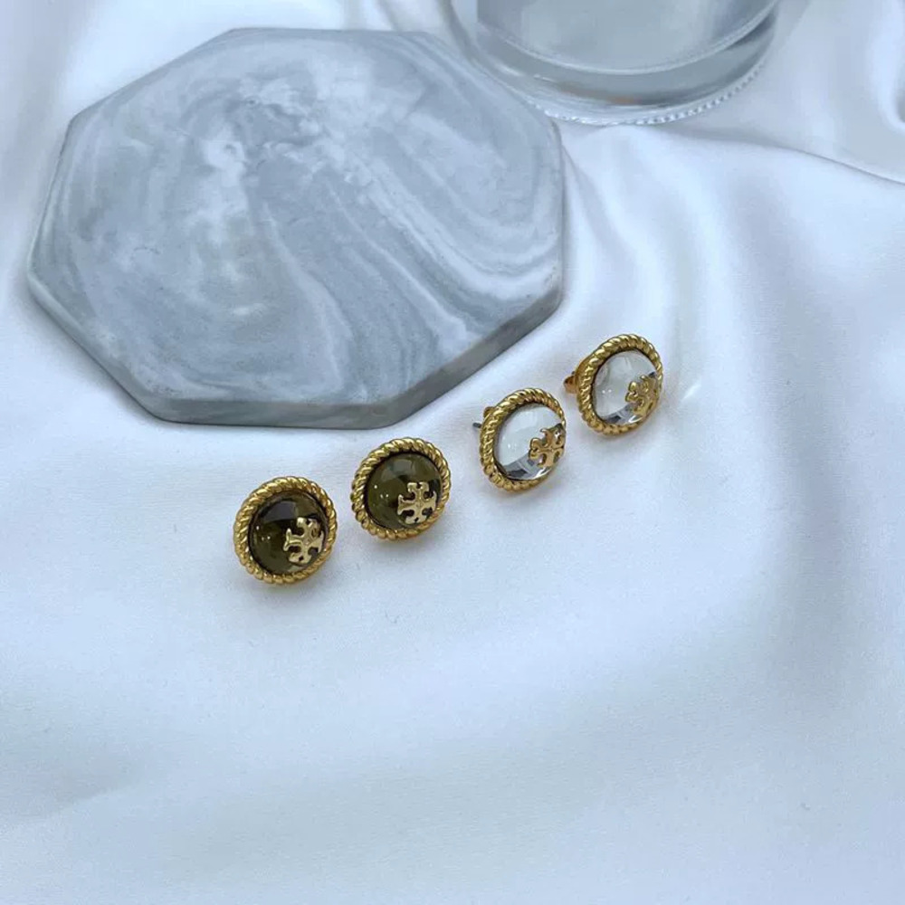 Tory Burch Acrylic Letter Round Metal Stud Earrings